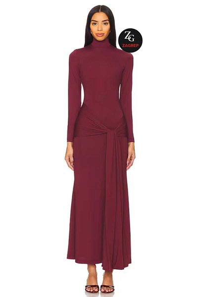 Zagrep Women's Burgundy Belted Maxi Dress Lined Zipper Silk Jersey Maxi Dress