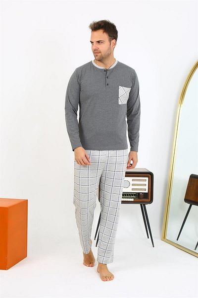 Celira Men's Long Sleeve Combed Cotton Anthracite Pajama Set 6861