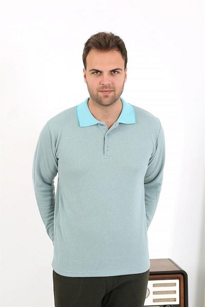 Celira Men's Polo Collar Long Sleeve Combed Cotton Pajama Set 6862 Water Green