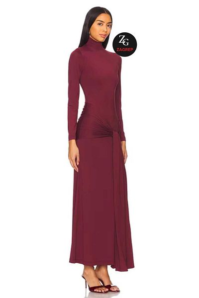 Zagrep Women's Burgundy Belted Maxi Dress Lined Zipper Silk Jersey Maxi Dress