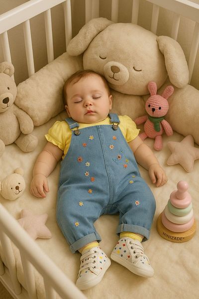 Minizade Floral Embroidered Soft Lycra Organic Denim Salopette Short Sleeve Badi 2-Piece Set Jumpsuit