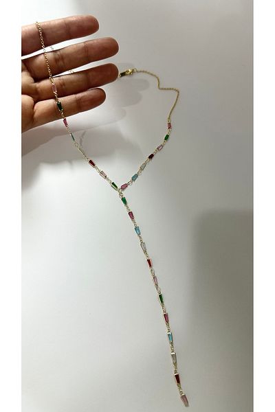 DELEIZA ACCESSORY Steel Gold Y Necklace with Rectangular Colored Stone Detail