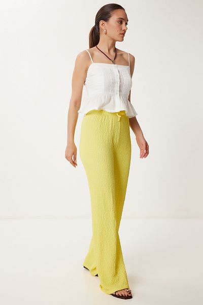 Lovelyİstanbul Textured Wide Leg Summer Knitted Trousers Yellow Lzv0009