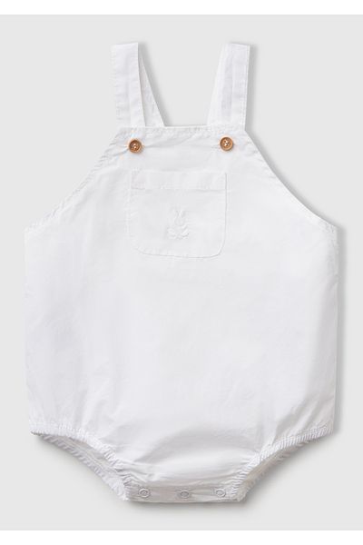 United Colors of Benetton Baby White Pocket Rabbit Logo Embroidered Elastic Strap Poplin Jumpsuit