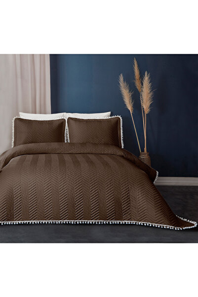 Evlen Home Collection Μονό κάλυμμα κρεβατιού Pompom - 100% βαμβάκι, Σετ σκούρο καφέ