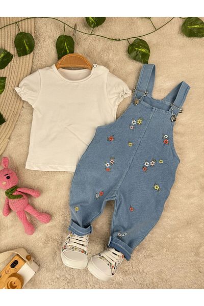 Minizade Floral Embroidered Soft Lycra Organic Denim Salopette Short Sleeve Badi 2-Piece Set Jumpsuit