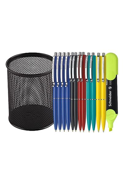 SCHNEIDER Premium Office Set-12 Schneider Retractable Pens, Black Cylindrical Metal Holder and Highlighter