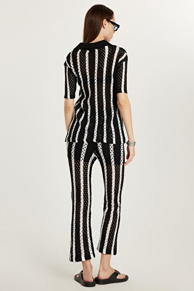 Tudors Women's Standard Fit Short Sleeve V Neck Button Knitted Detail Striped Suit