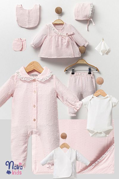 Cassiope Naka Concept Cotton Dream Pink Muslin Newborn Baby Girl Hospital Exit Set