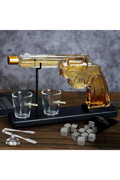OEM Decanter set, Pistol, 2 shot glasses with holder, transparent, glass, 300 ml