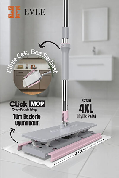 EVLE Click Mop, Akıllı Mop Paleti – Paslanmaz Çelik Saplı, Katlanabilir Mikrofiber Temizlik Aparatı