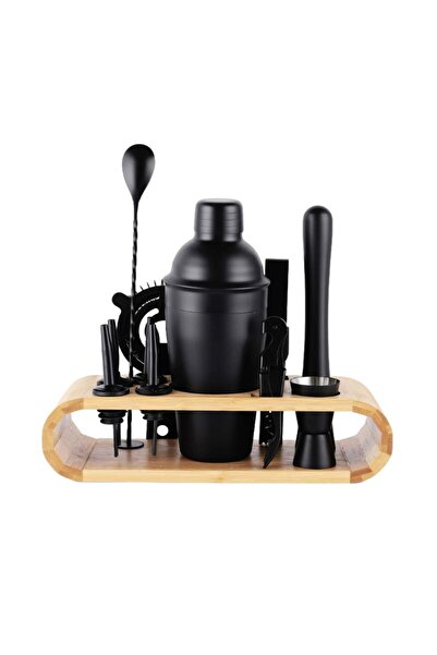 OEM Cocktail Shaker Set, Mixology, 1 piece, stainless steel, black shaker, 750 ml, bamboo stand