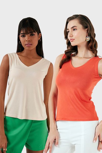 Lela Slim Fit V-Neck Thick Strap 2'Li Package Blouse Bluz 5864384S2