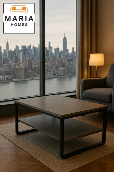 MARIA HOMES Modern Grey Stone Look Center Table 100x55x45cm – Coffee Table with Shelf & Black Metal Frame