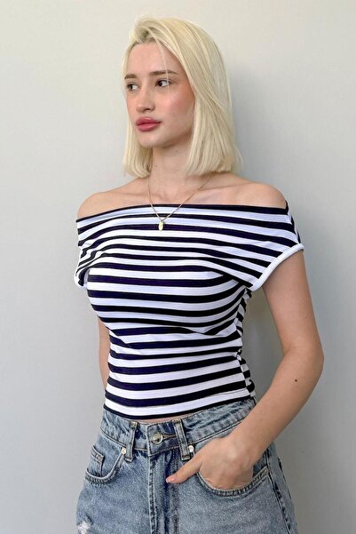 Seeh Μαύρο μπλουζάκι με ρίγες ώμου Sh235