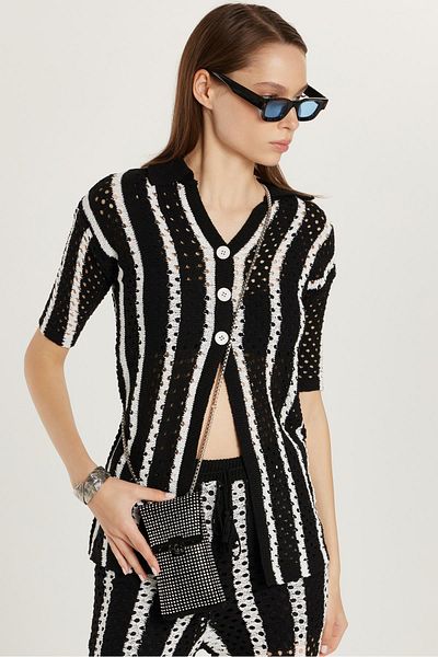 Tudors Women's Standard Fit Short Sleeve V Neck Button Knitted Detail Striped Suit