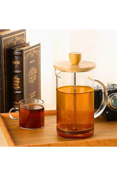 OEM Glass tea infuser 1000 ml, natural wood lid, removable stainless steel filter