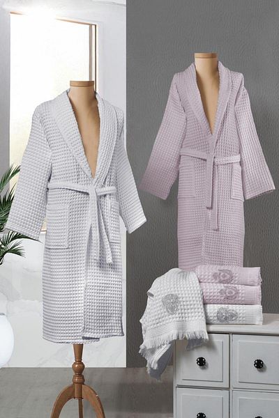 Stylish Home SET HALATE PENTRU 2 PERSOANE WAFLE - 6pcs -LIGHT GRAY/POWDER PINK
