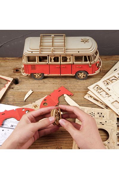 OEM 3D wooden puzzle, Retro Car, red, faithfully recreates the luxury minibus, 29 cm x 11.5 cm