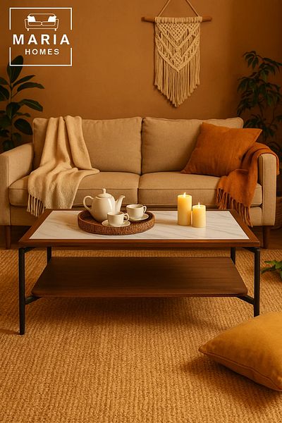 MARIA HOMES Modern Center Table 130x60x45cm – Marble Top Look with Wooden Shelf and Metal Frame for Living Room