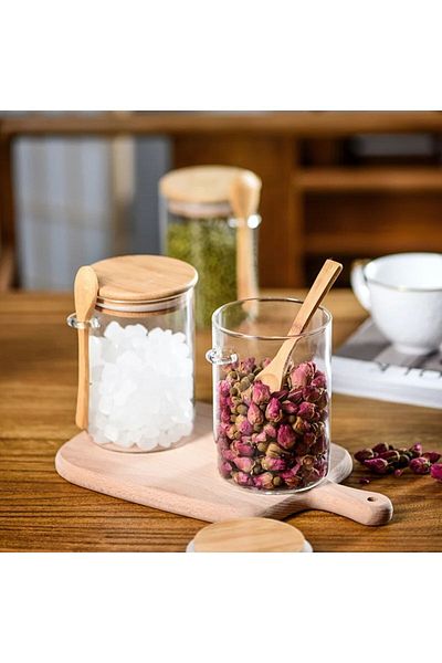 Qerhome Spice Set with Borosilicate Glass Bamboo Lid and Bamboo Spoon 4 Pieces 450 ml