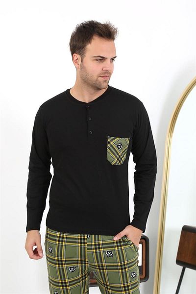 Celira Men's Long Sleeve Combed Cotton Black Pajama Set 6861
