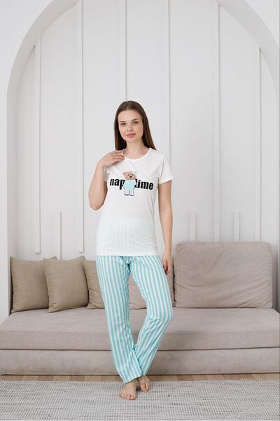 Huq Moda Set de pijamale de vară din țesătură din bumbac pieptănat, cu mâneci scurte, cu dungi albastre, imprimate pentru femei