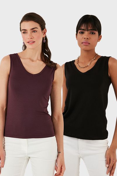 Lela Slim Fit V-Neck Thick Strap 2'Li Package Blouse Bluz 5864384S2