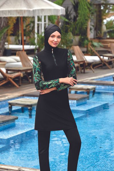 Bravie Women's Half Zipper Sleeves Green Floral Patterned Large Size Hijab Swimsuit