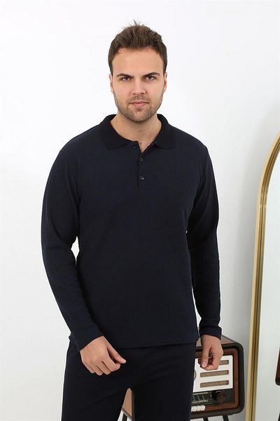 Celira Men's Polo Collar Long Sleeve Combed Cotton Pajama Set 6862 Navy Blue