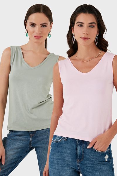 Lela Slim Fit V-Neck Thick Strap 2'Li Package Blouse Bluz 5864384S2