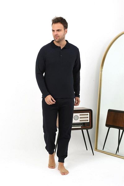 Celira Men's Polo Collar Long Sleeve Combed Cotton Pajama Set 6862 Navy Blue