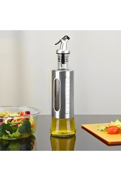 OEM Oil dispenser, 300ml, silver, stainless steel and glass, 24.5 x 6.5 cm