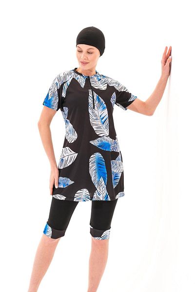 Plistre 2256_Zipper Short Sleeve Leaf Patterned 4-Piece Suit Semi-Closed Hijab Sea/Pool Swimsuit