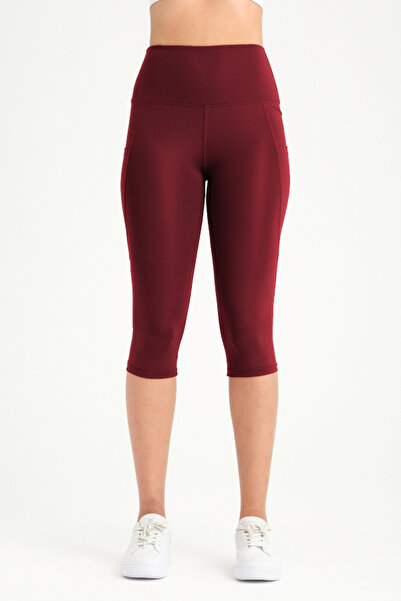 BANEGA Women's Burgundy High Waist Recovery Double Pocket Below Knee Capri Leggings Capri