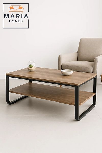 MARIA HOMES Modern Wooden Center Table 106x60x45cm – Coffee Table Shelf & Black Metal Frame