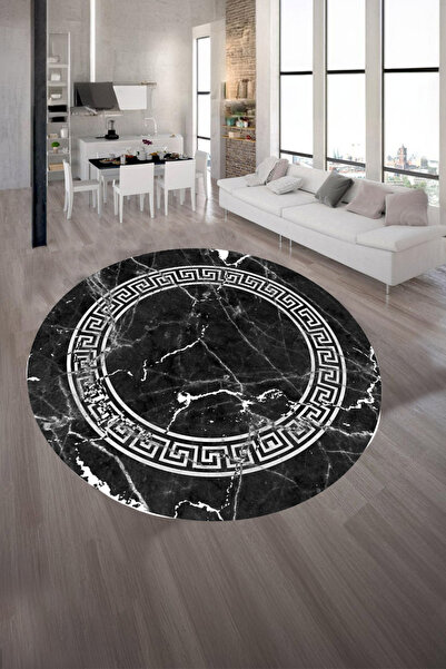 Resmiro Makinede Yıkanabilir Kaymaz Taban Leke Tutmaz Siyah Oval Desenli Salo...