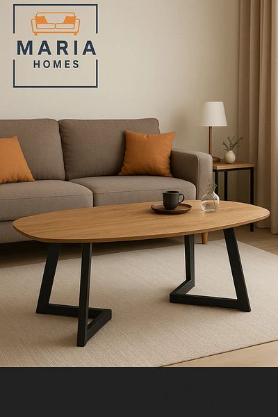 MARIA HOMES Modern Wooden Center Table 160x75x80cm – Oval Coffee Table with Black Metal Base for Living Room