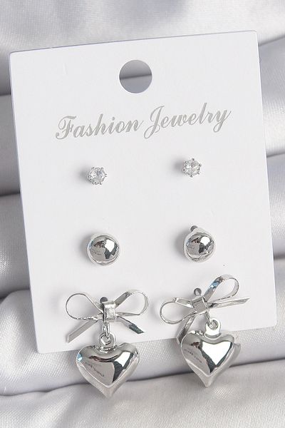 callerrons accessories Brass Silver Color Zircon Stone Detailed Bow Dangle Heart Model Women's 3 Pair Women's Earring Set - Ebj