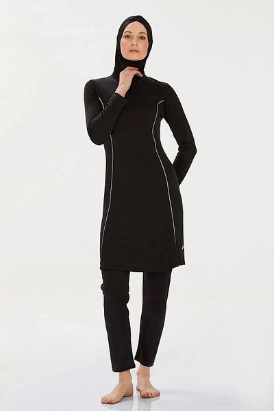 Bravie Line Detailed Solid Color Full Covered Hijab Swimsuit - - 9021