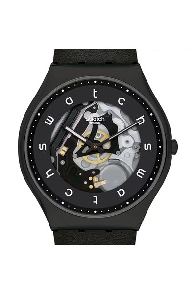 Swatch Men’s Analogue Quartz Movement Watch with Stainless Steel 42mm Case and Leather Bracelet