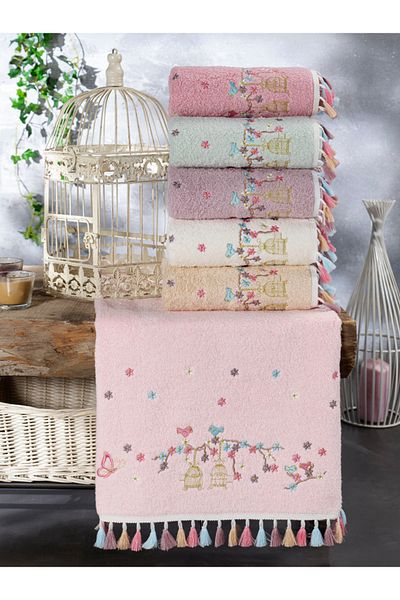 Beğenal 6-Piece Flora Bukle (Cage) Embroidered Hand-Face Towel Set (50 X 90 cm)