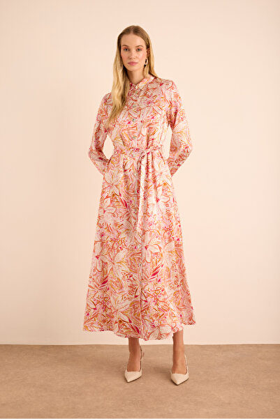 Aker Desenli Seyyar Kuşaklı İpek Gömlek Elbise