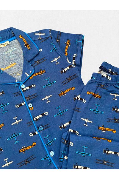 seamlife Set de pijamale de vară cu mânecă scurtă, 100% bumbac, cu model de avioane, pentru bărbați