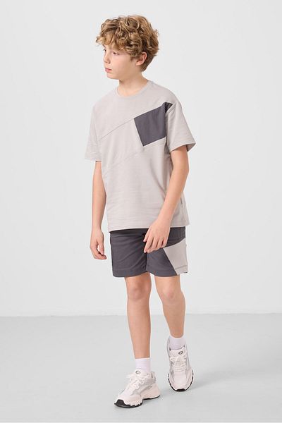 TOMMY LIFE Stone-Anthracite Cotton Oversize Fit Woven Lightweight Flexible Chino Boy Shorts Suit - 11275