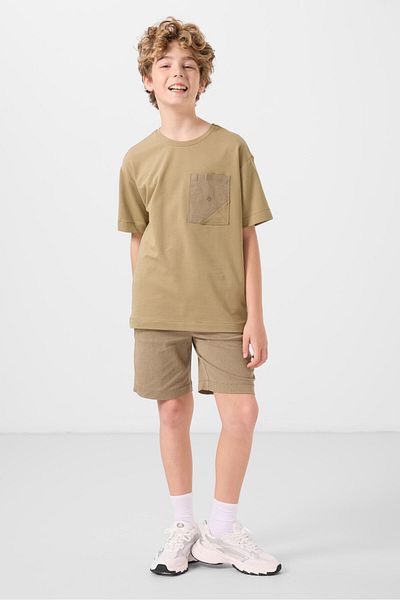 TOMMY LIFE Σκούρο μπεζ-καμήλα βαμβακερό Oversize Fit Υφαντό ελαφρύ εύκαμπτο ανδρικό σορτς Chino - 11278