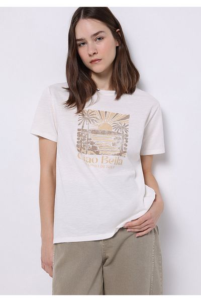 Colin's Regular Fit Round Neck Printed Women's White Short Sleeve T-Shirt