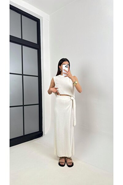 Gaus Ekru Etekli Pantolon Sıfır Kol Triko Takım Gaus00399