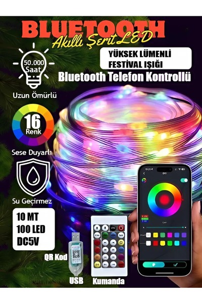 Janva 10 mt Akıllı Led Işık Bluetooth Telefon Kontrolü Su Geçirmez Sese Duyar...