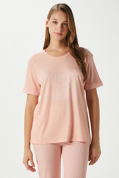 Ritnice Women's Magic Viscose Crew Neck Short Sleeve Salmon Bottom Top Pajama Set